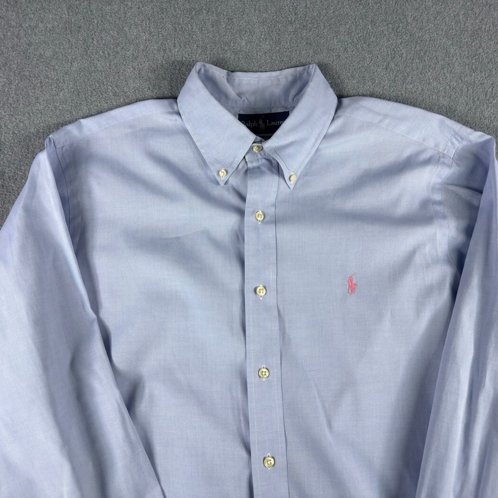 Vintage RALPH LAUREN Button Down Shirt 16.5 34/35 Blue Pink Pony Classic Fit